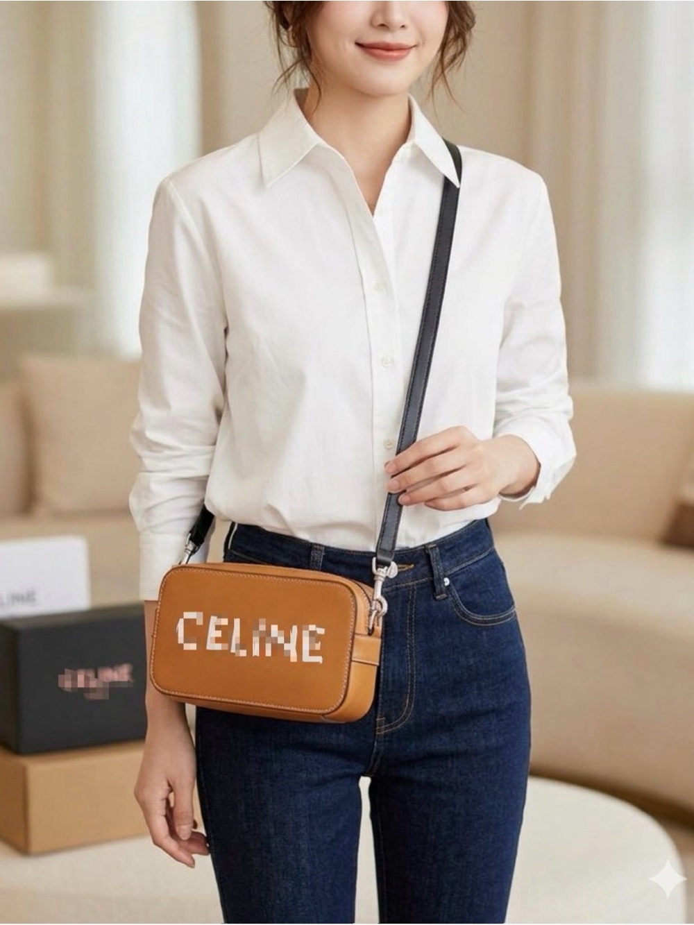 Tan  Crossbody Camera Bag with Contrast Strap